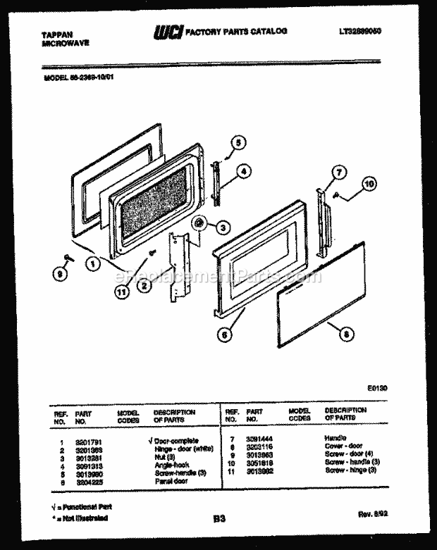 Tappan 56-2369-10-01 Table Top Microwave Door Parts Diagram