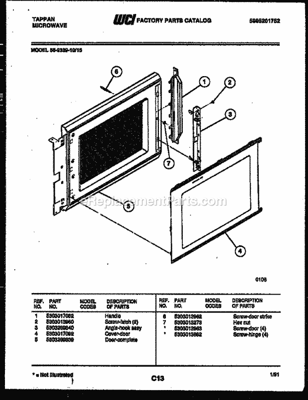 Tappan 56-9339-10-15 Table Top Microwave Door Parts Diagram