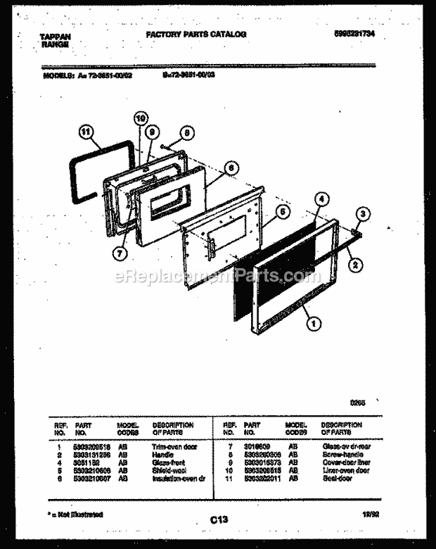 Tappan 72-3651-23-02 Gas Range - Gas - 5995231734 Lower Oven Door Parts Diagram
