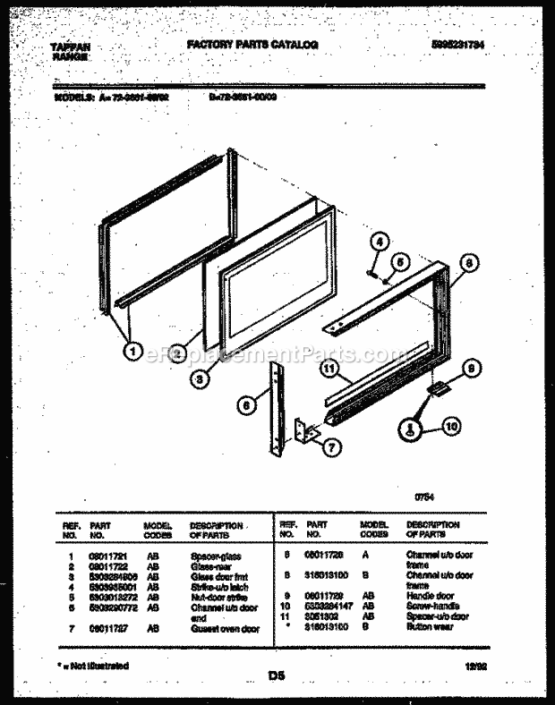 Tappan 72-3651-23-02 Gas Range - Gas - 5995231734 Upper Oven Door Parts Diagram