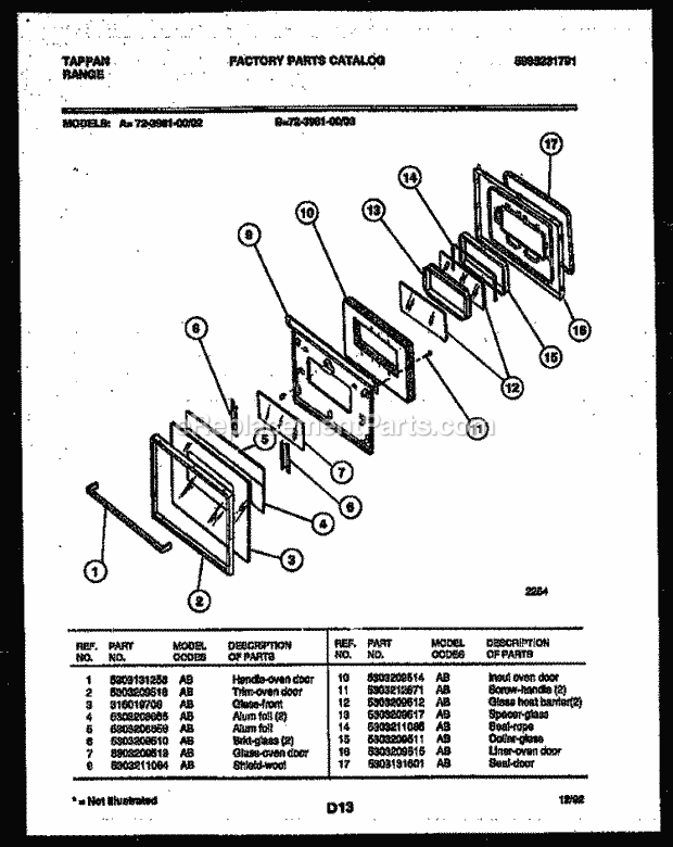 Tappan 72-3981-00-02 Gas Range - Gas - 5995231791 Lower Oven Door Parts Diagram