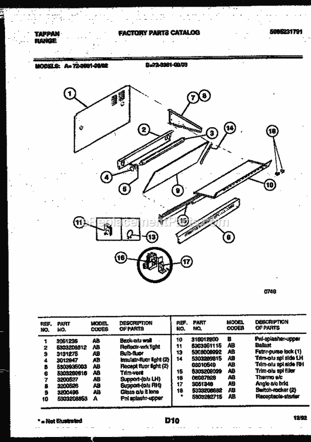 Tappan 72-3981-00-02 Gas Range - Gas - 5995231791 Splasher Control Diagram