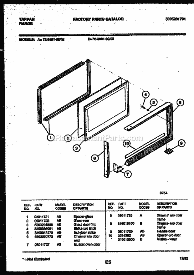 Tappan 72-3981-00-02 Gas Range - Gas - 5995231791 Upper Oven Door Parts Diagram