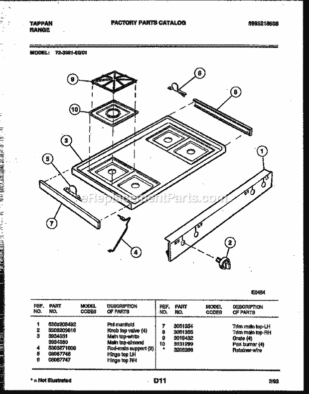 Tappan 72-3981-23-01 Gas Range - Gas - 5995218608 Cooktop Parts Diagram