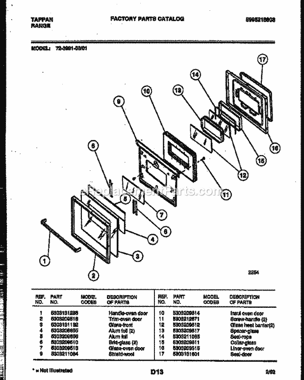 Tappan 72-3981-23-01 Gas Range - Gas - 5995218608 Lower Oven Door Parts Diagram