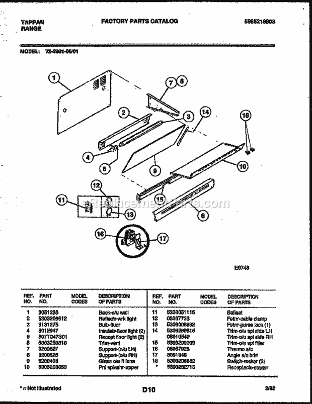 Tappan 72-3981-23-01 Gas Range - Gas - 5995218608 Splasher Control Diagram