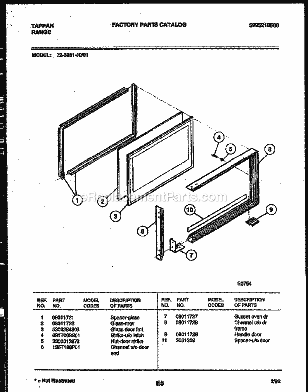 Tappan 72-3981-23-01 Gas Range - Gas - 5995218608 Upper Oven Door Parts Diagram