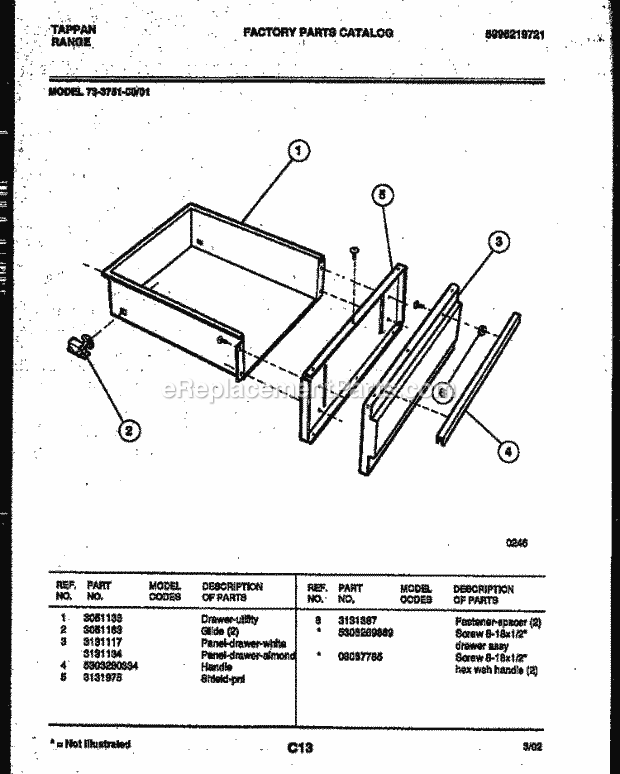 Tappan 73-3751-23-01 Electric Range - Electric - 5995219721 Drawer Parts Diagram
