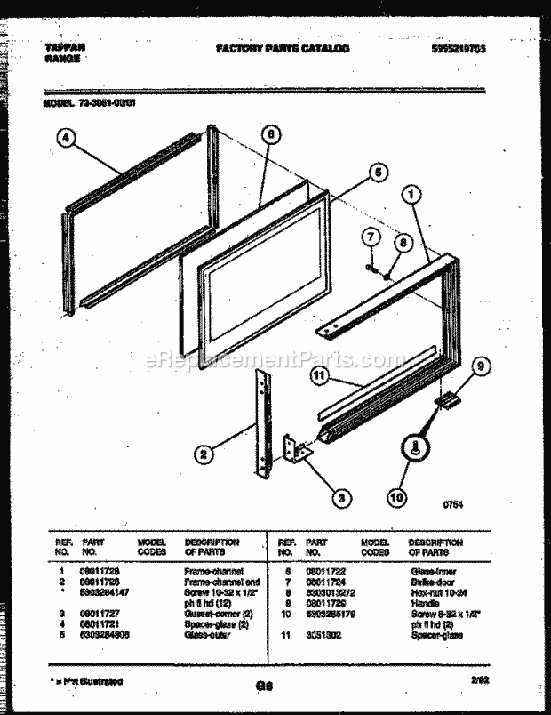 Tappan 73-3951-00-01 Electric Range - Electric - 5995219705 Upper Oven Door Parts Diagram