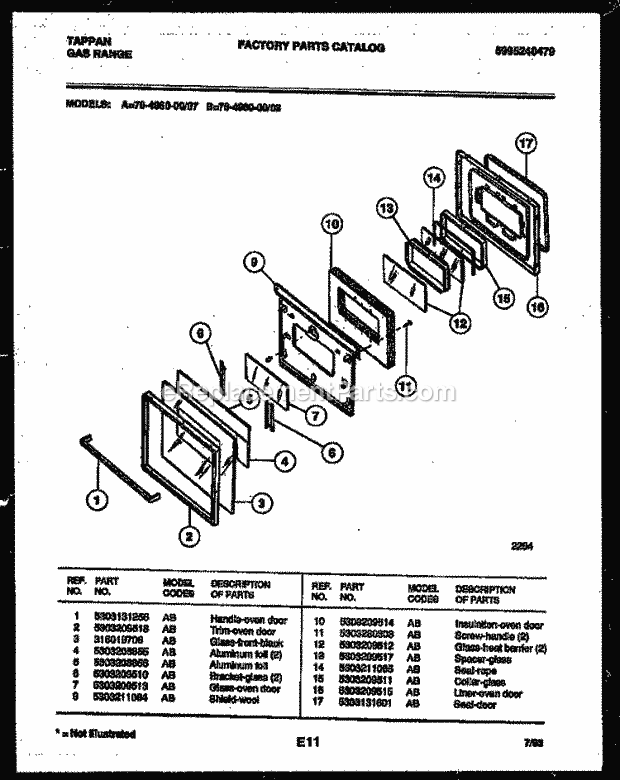 Tappan 76-4960-00-07 Gas Gas Range - 5995240479 Lower Oven Door Parts Diagram