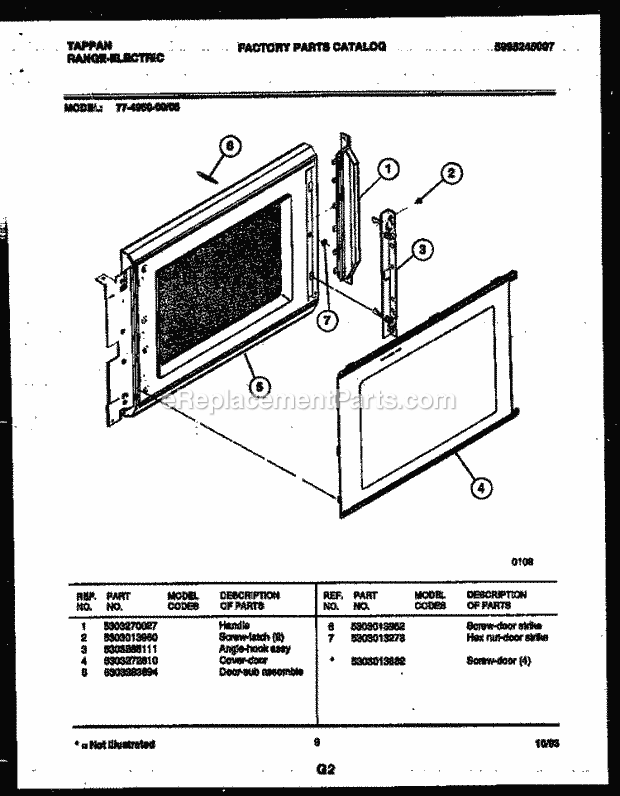 Tappan 77-4950-23-05 Electric Range - Electric - 5995245007 Upper Oven Door Parts Diagram