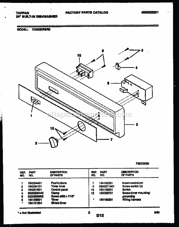 Tappan TDB222RBR0 Dishwasher Console and Control Parts Diagram