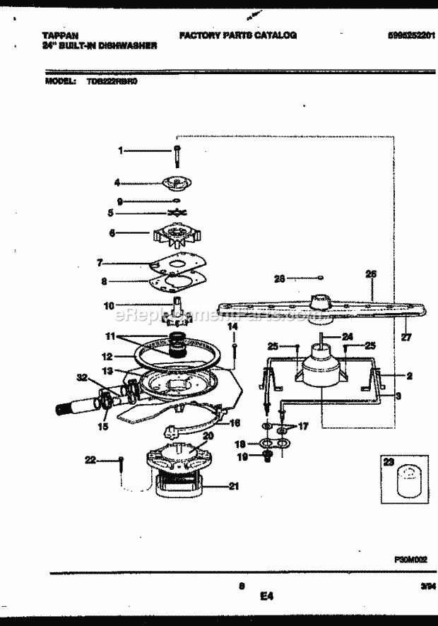 Tappan TDB222RBR0 Dishwasher Motor Pump Parts Diagram