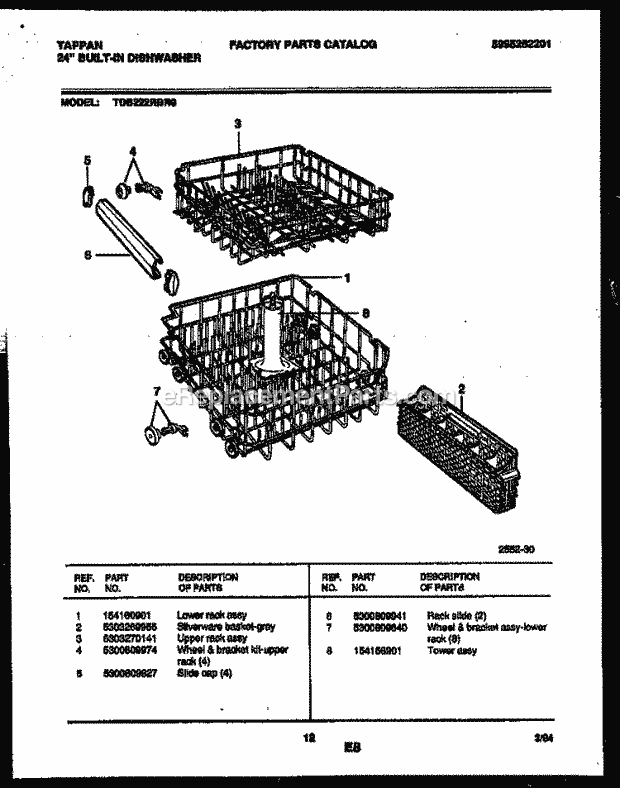 Tappan TDB222RBR0 Dishwasher Racks and Trays Diagram