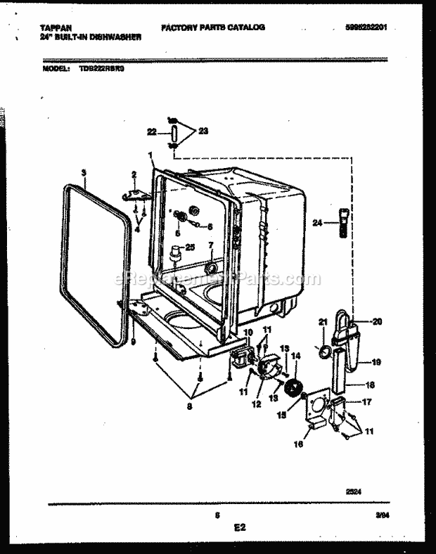 Tappan TDB222RBR0 Dishwasher Tub and Frame Parts Diagram