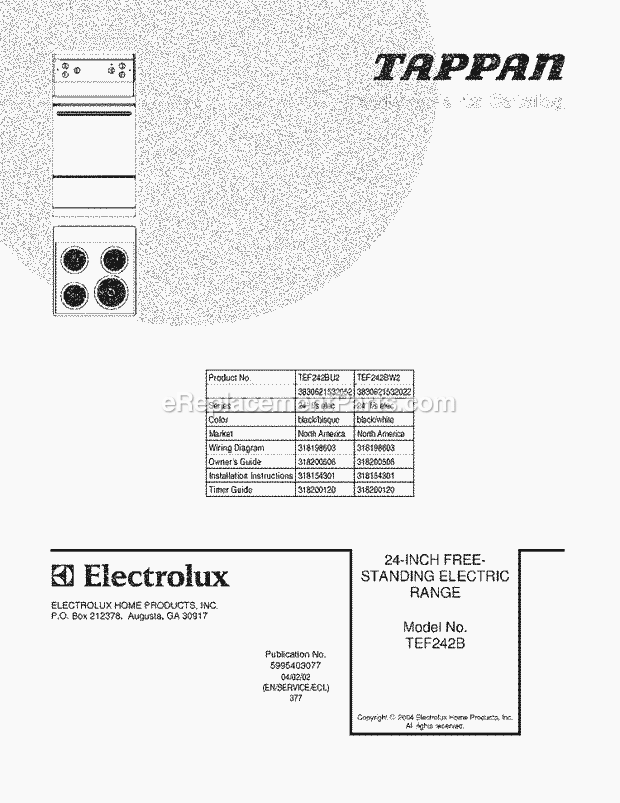 Tappan TEF242BW2 Freestanding, Electric Electric Range Page C Diagram