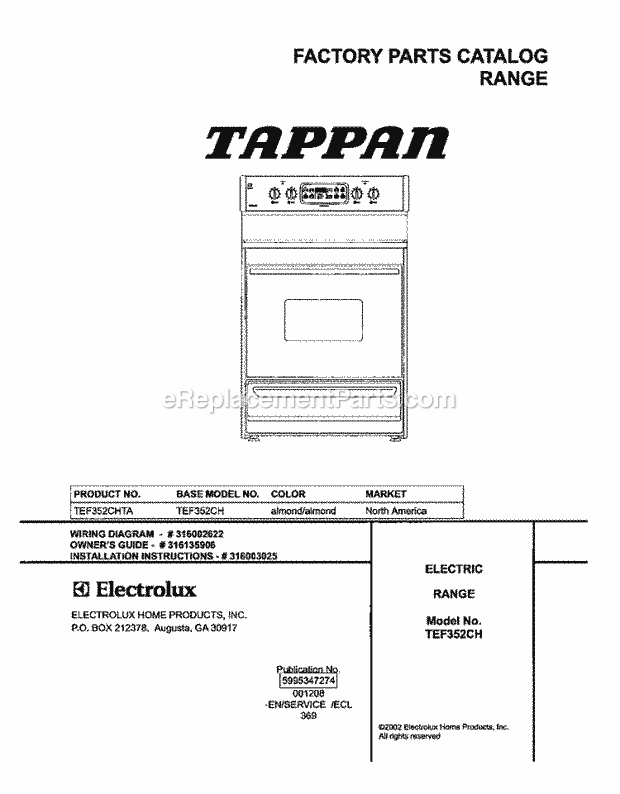 Tappan TEF352CHTA Freestanding, Electric Electric Range Page C Diagram