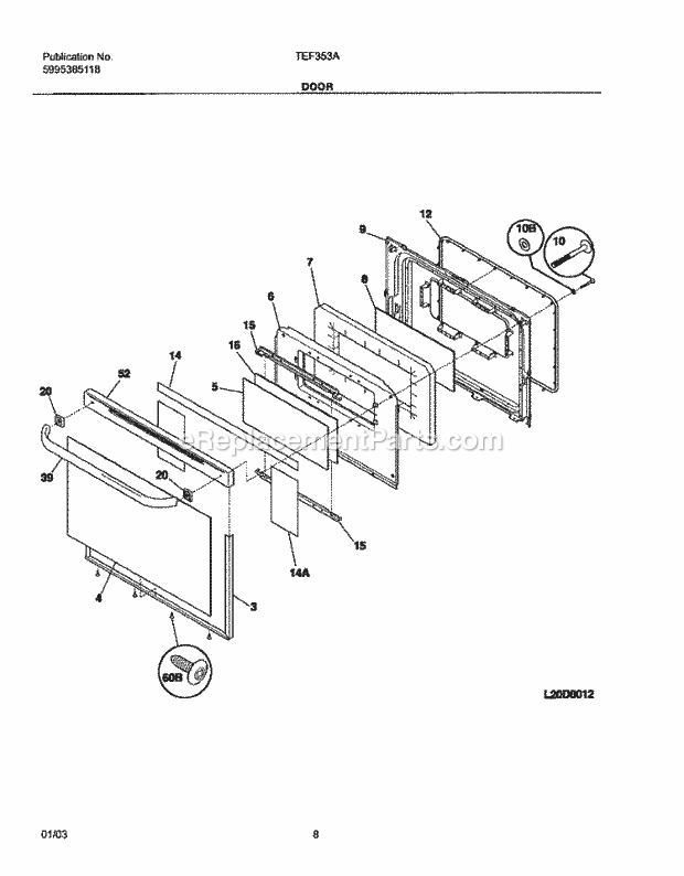 Tappan TEF353AQD Freestanding, Electric Range Door Diagram