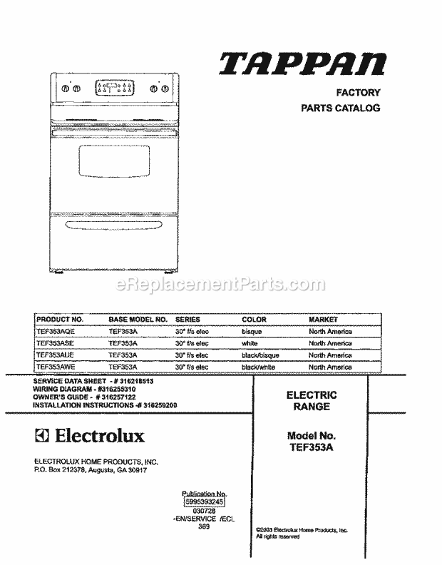 Tappan TEF353AQE Freestanding, Electric Range Page C Diagram
