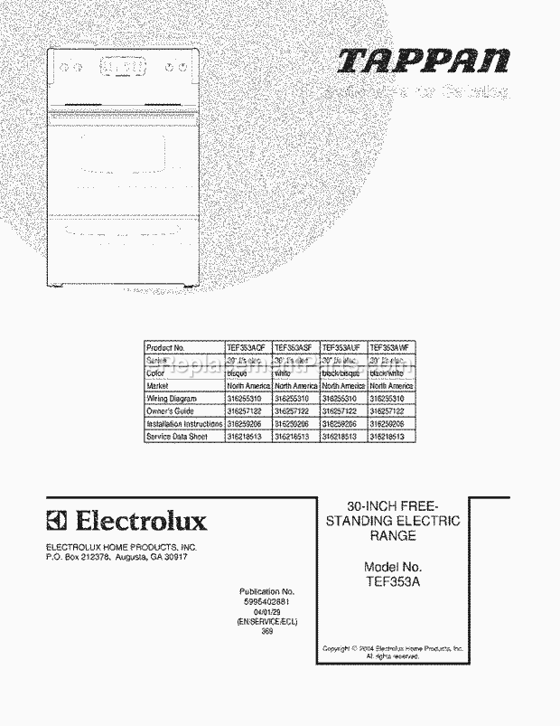 Tappan TEF353AQF Freestanding, Electric Range Page C Diagram