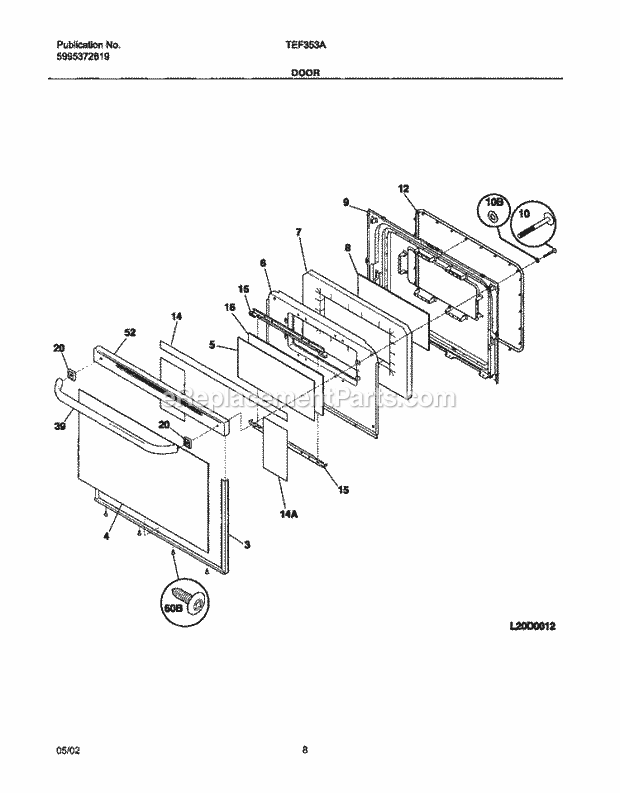 Tappan TEF353AUB Freestanding, Electric Range Door Diagram