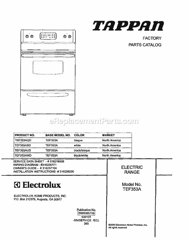 Tappan TEF353AUD Freestanding, Electric Range Page C Diagram