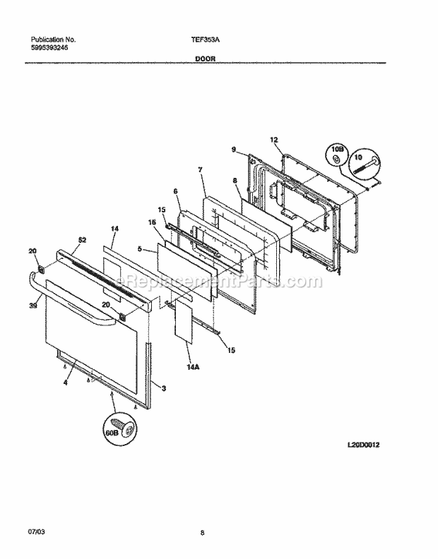 Tappan TEF353AUE Freestanding, Electric Range Door Diagram