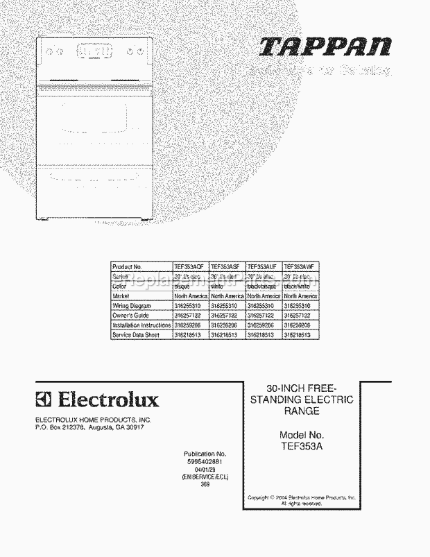 Tappan TEF353AUF Freestanding, Electric Range Page C Diagram