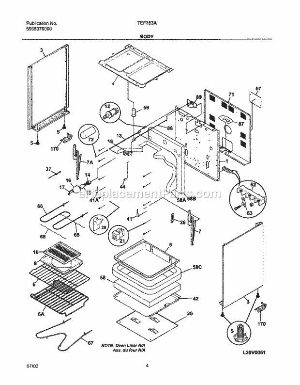 Tappan TEF353AWC Freestanding, Electric Range Body Diagram