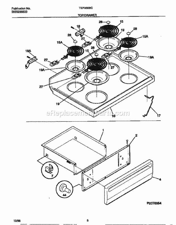 Tappan TEF355BCDC Freestanding, Electric Tappan Electric Range - 5995288833 Top / Drawer Diagram