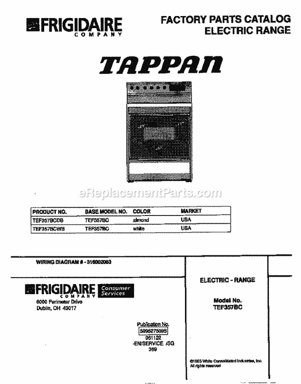 Tappan TEF357BCWB Freestanding, Electric Tappan Electric Range - 5995275095 Page C Diagram