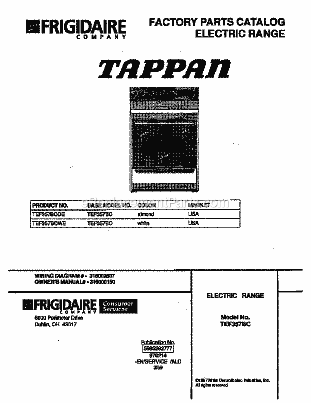 Tappan TEF357BCWE Freestanding, Electric Tappan Electric Range - 5995292777 Page C Diagram