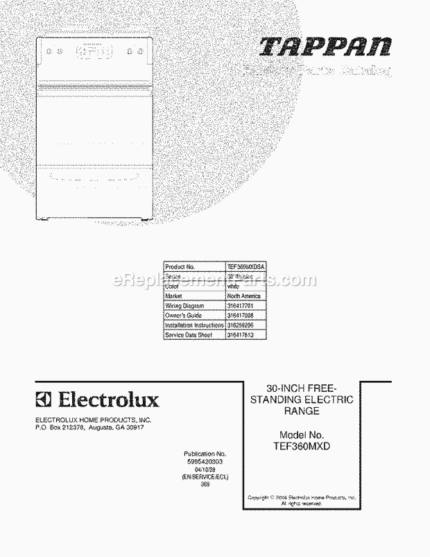 Tappan TEF360MXDSA Freestanding, Electric Electric Range Page C Diagram