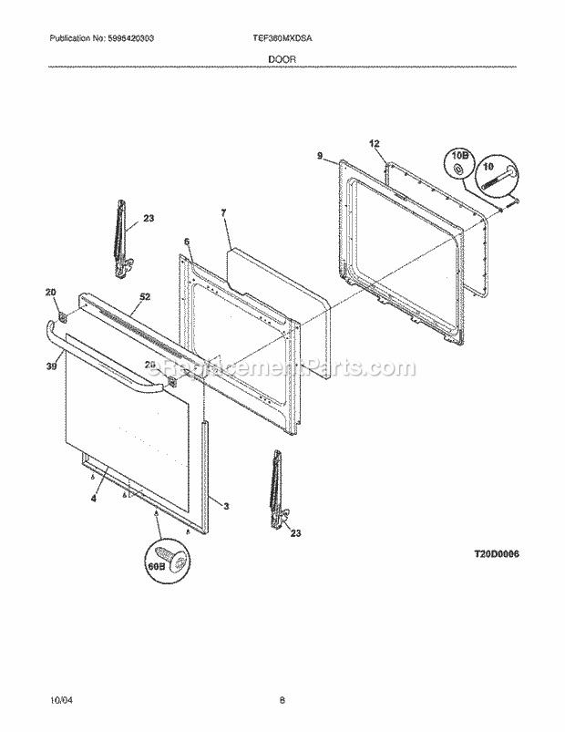 Tappan TEF360MXDSA Freestanding, Electric Electric Range Door Diagram