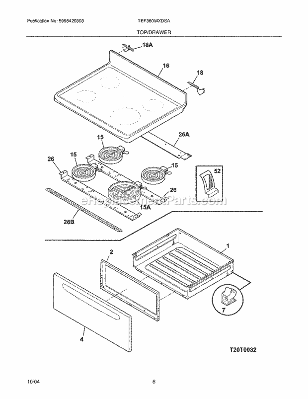 Tappan TEF360MXDSA Freestanding, Electric Electric Range Top / Drawer Diagram