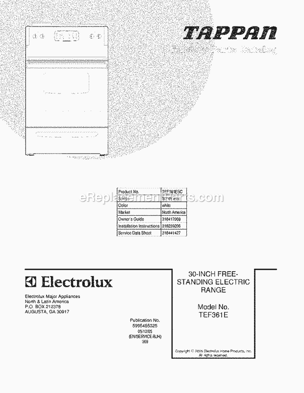 Tappan TEF361ESC Freestanding, Electric Electric Range Page C Diagram