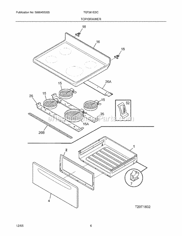 Tappan TEF361ESC Freestanding, Electric Electric Range Top / Drawer Diagram