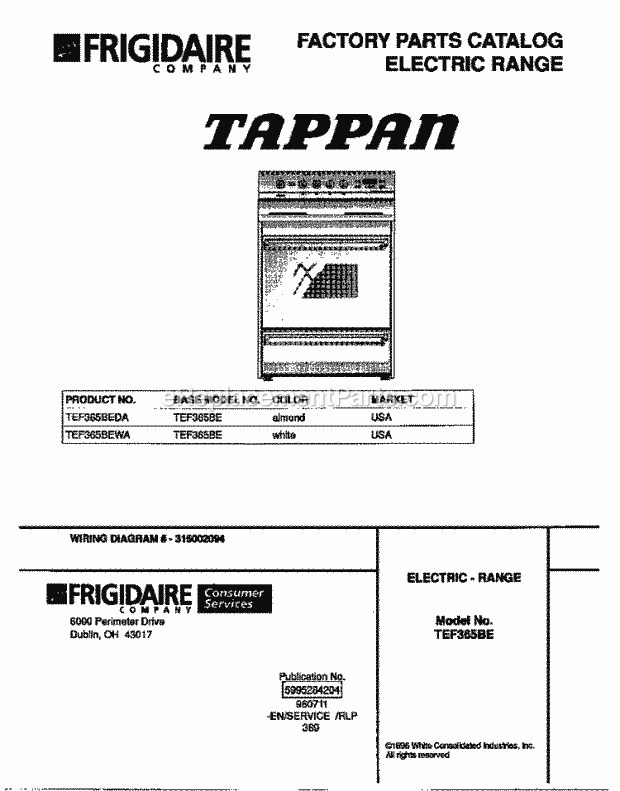 Tappan TEF365BEWA Freestanding, Electric Tappan Electric Range - 5995284204 Page C Diagram