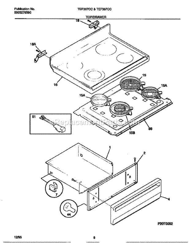 Tappan TEF367CCSB Freestanding, Electric Electric Range - 5995276580 Top / Drawer Diagram