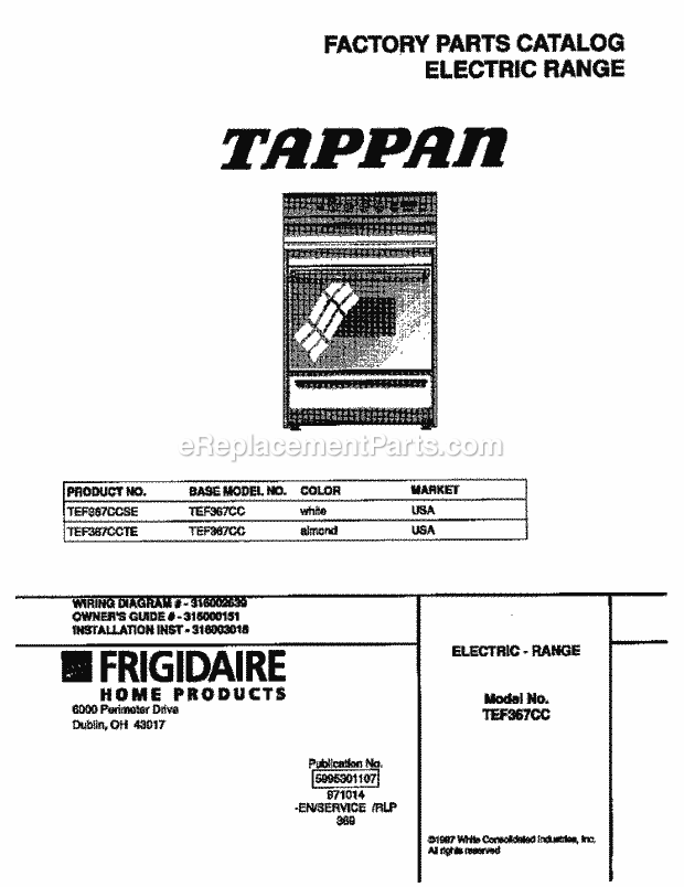 Tappan TEF367CCTE Freestanding, Electric Tappan Electric-Range - 5995301107 Page C Diagram