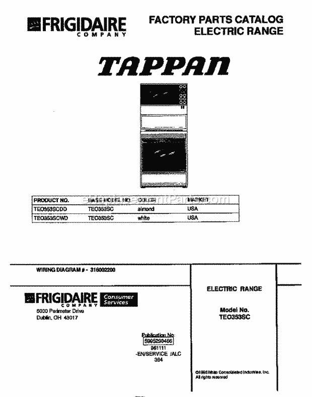 Tappan TEO353SCDD Freestanding, Electric Tappan Electric Range - 5995290466 Page B Diagram