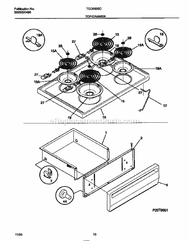 Tappan TEO353SCWD Freestanding, Electric Tappan Electric Range - 5995290466 Top / Drawer Diagram