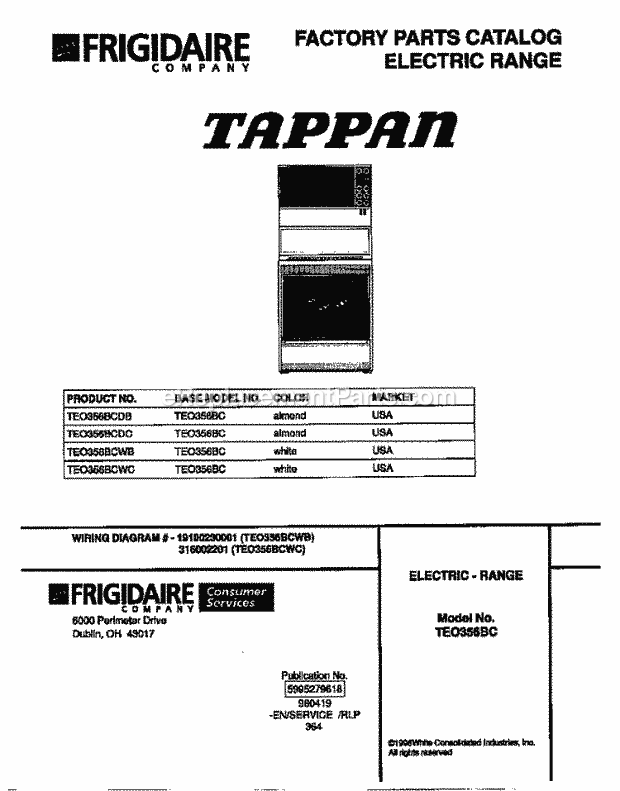 Tappan TEO356BCDC Freestanding, Electric Tappan Electric Range - 5995279618 Page B Diagram