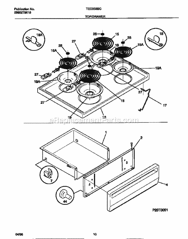 Tappan TEO356BCWB Freestanding, Electric Tappan Electric Range - 5995279618 Top / Drawer Diagram