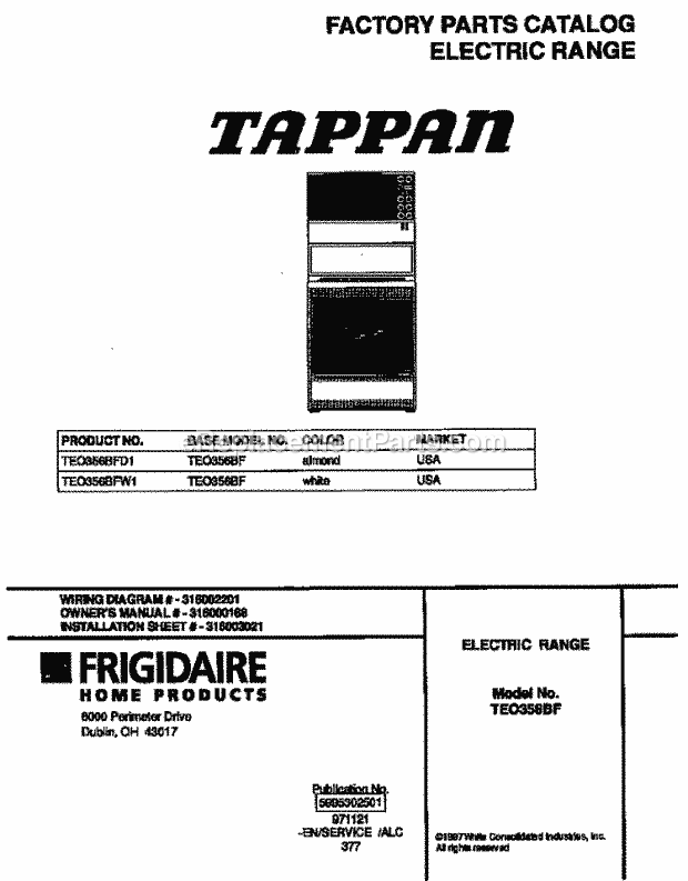 Tappan TEO356BFW1 Freestanding, Electric Tappan Electric Range - 5995302501 Page B Diagram