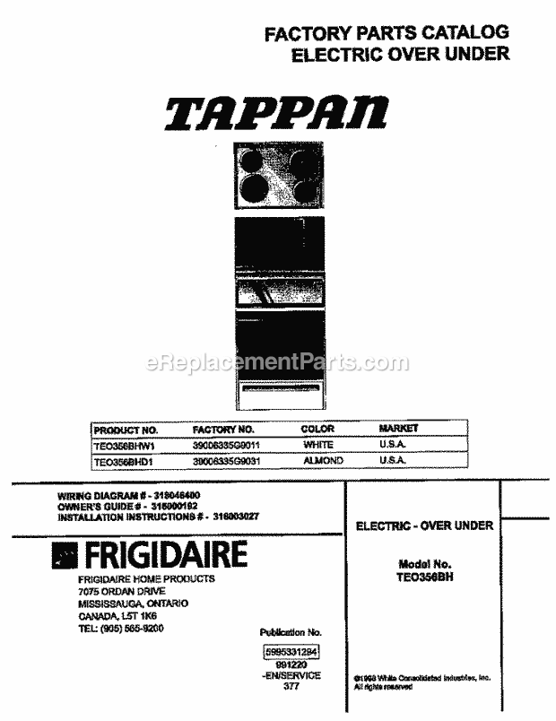 Tappan TEO356BHW1 Freestanding, Electric Tappan/Electric Range Page B Diagram
