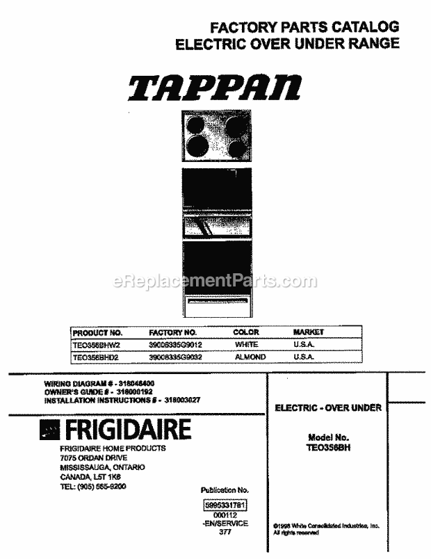 Tappan TEO356BHW2 Freestanding, Electric Tappan/Electric Range Page B Diagram