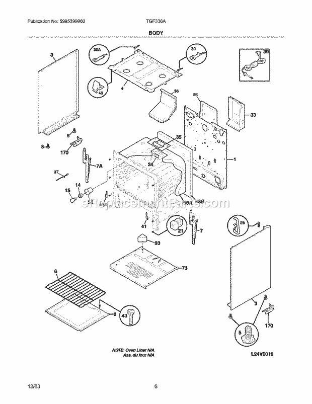 Tappan TGF336AUF Freestanding, Gas Gas Range Body Diagram