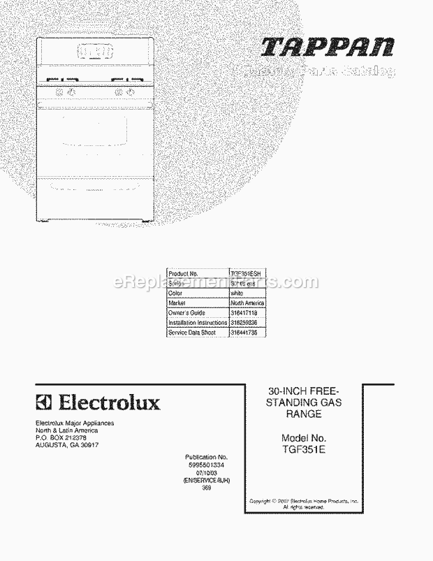 Tappan TGF351ESH Freestanding, Gas Gas Range Page D Diagram