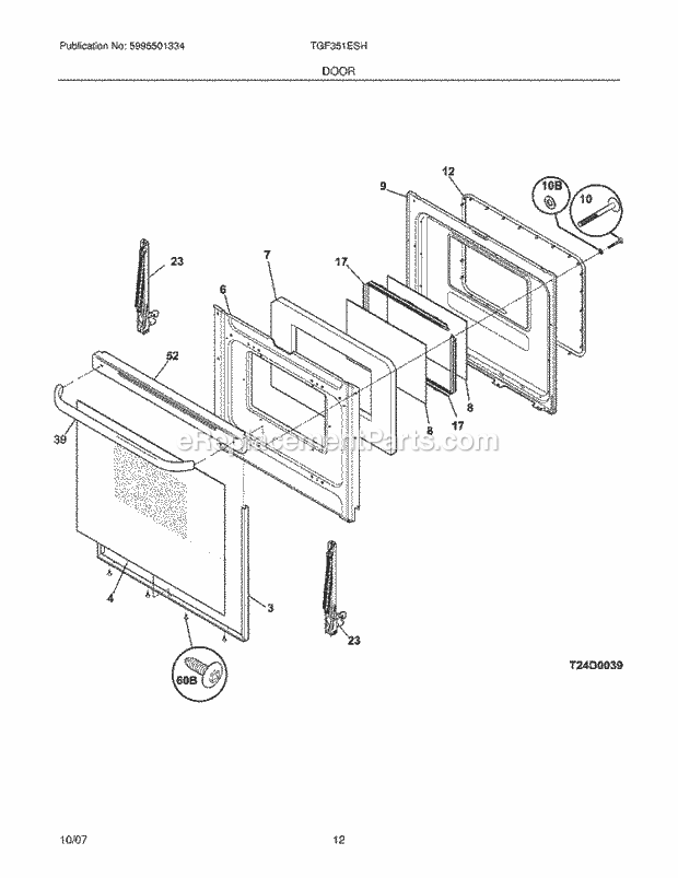 Tappan TGF351ESH Freestanding, Gas Gas Range Door Diagram